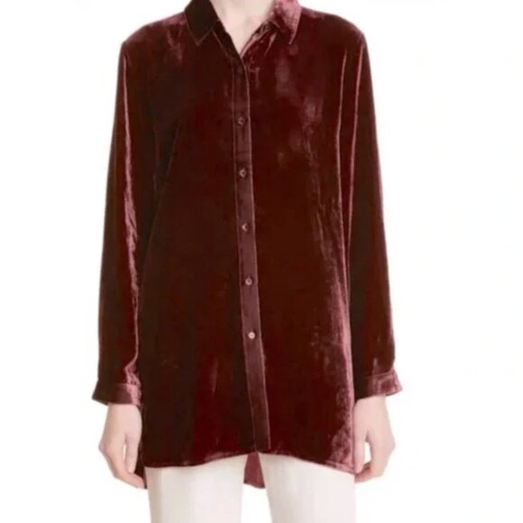 NWT Eileen Fisher Dark Cranberry Velvet Tunic Button Down Blouse Small - Picture 1 of 13